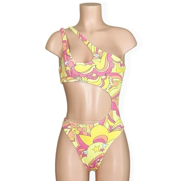 NEW FRANKIES BIKINIS Makie Terry One Piece Swim, Peace Terry, XS
