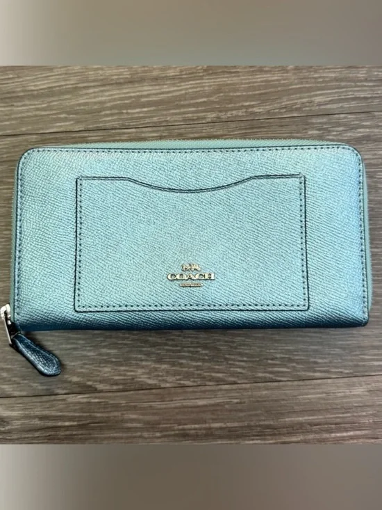 Coach Accordion Metallic Teal Zip Wallet with Gold Logo