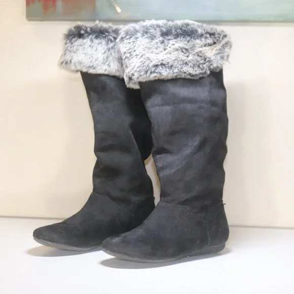 Charlotte Russe Brigitte Black Faux Suede Fur Mid Calf Knee Boots Size 6