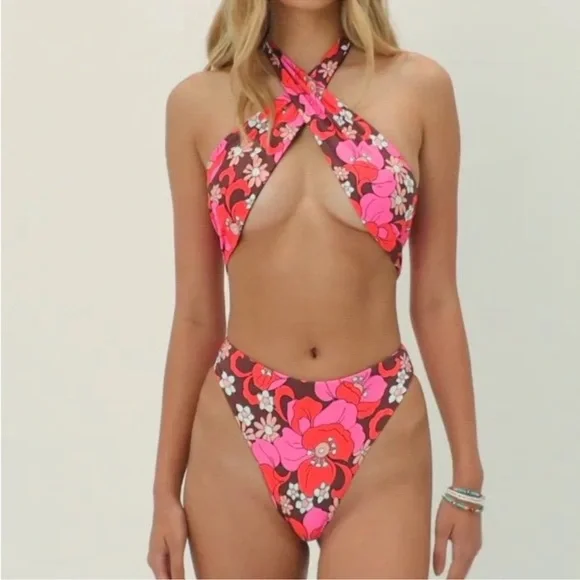 Frankie’s Bikinis Dorothy Floral Halter One Piece Swimsuit