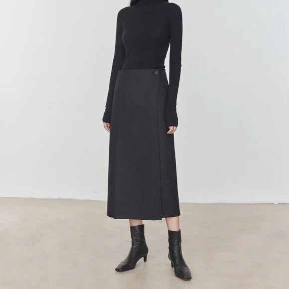 CHICJOC High-End 100% Wool Midi Wrap Skirt w/ Silk Waistband – Size 38 in grey