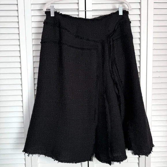 Lafayette 148 Wool Silk Boucle Tweed Midi Skirt Asymmetrical Raw Seams Black 12
