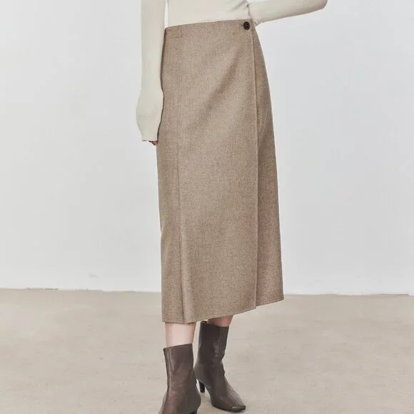 CHICJOC High-End 100% Wool Midi Wrap Skirt w/ Silk Waistband – Size 38