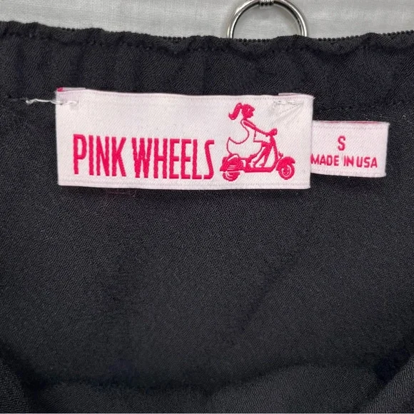 Vintage Black Slip Rayon Crepe Pink Wheels Simple Pull On Midi Slip Skirt Small