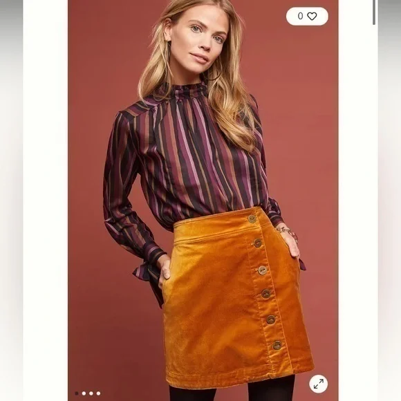 Anthropologie Orchard Orange Red Asymmetrical Button Front Velvet Mini Skirt