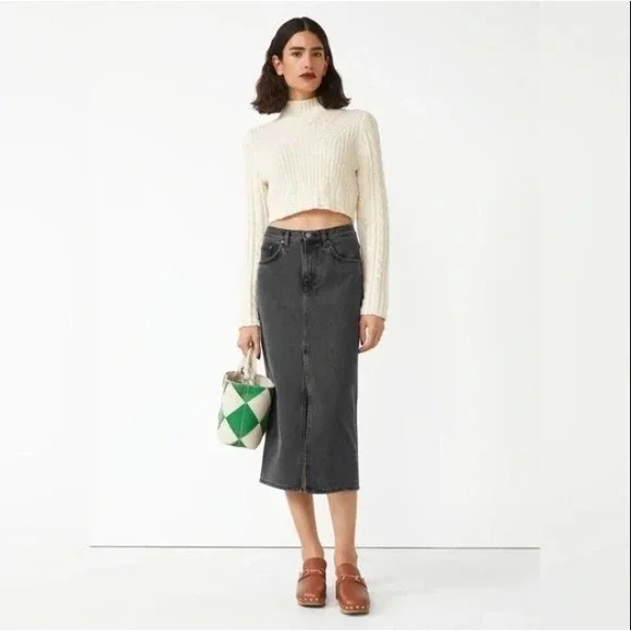 & Other Stories Washed Black Grey Straight Denim Midi Skirt Front Slit 0