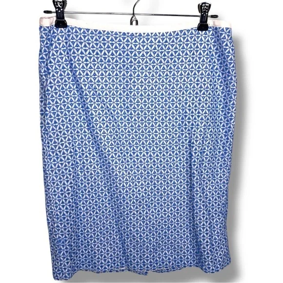 Size Petite 6 Talbots Blue Ivory White Geometric Cotton Skirt Lined Zip Closure