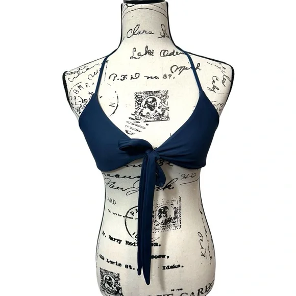 Frankie's Bikinies Blue‎ Front Tie Chrochet Back Halter Top, XS