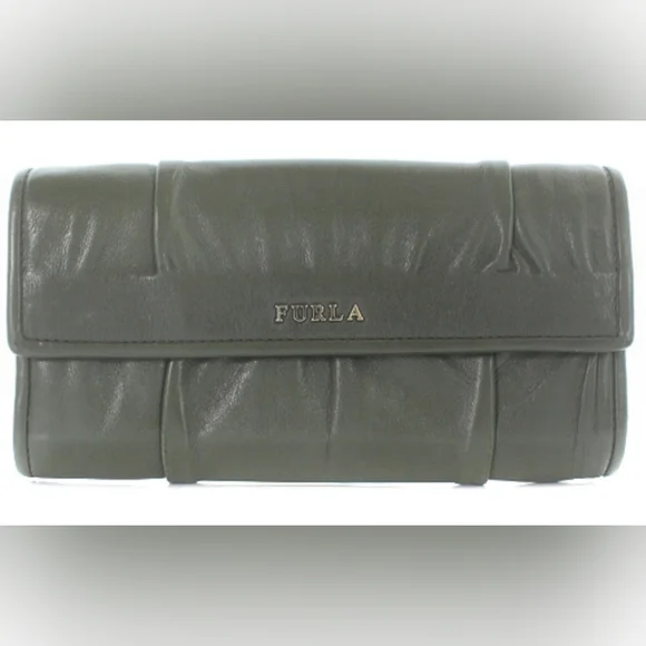 FURLA PLEATED LEATHER CONTINENTAL LONG WALLET IN SLATE GREY