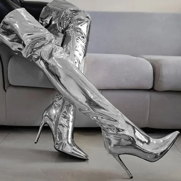 NIB (6.5) THIGH HIGH SLEEK & SILVER SEXY-ASS SUPERHERO STILETTOS