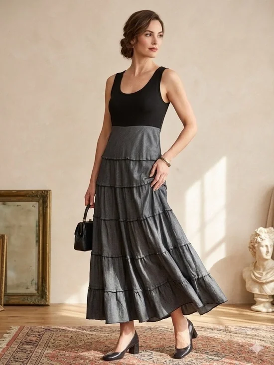 Sleeveless Black Top with Charcoal Tiered Maxi Skirt Karen by Kane Dress SizeS
