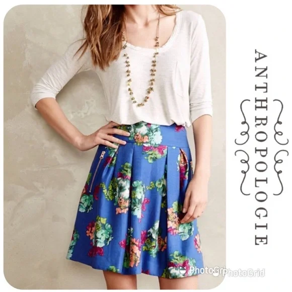 Anthropologie Maeve Garden Days Skirt Blue Floral Full Pleated Sz 10 EUC