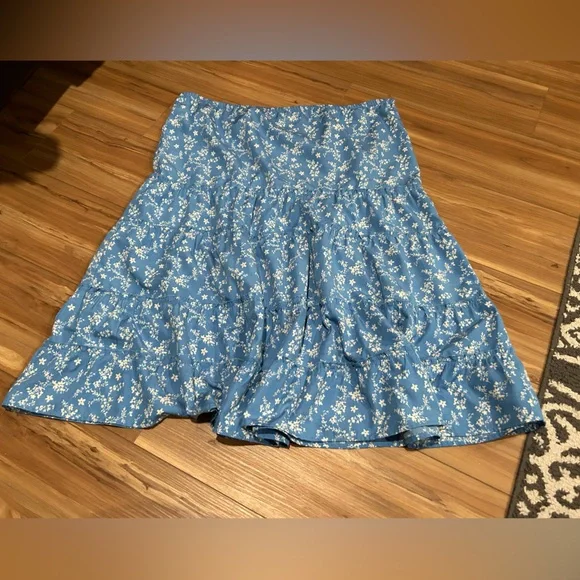 Vintage Bohemian Floral Blue Midi Elastic Waist Skirt Size Medium