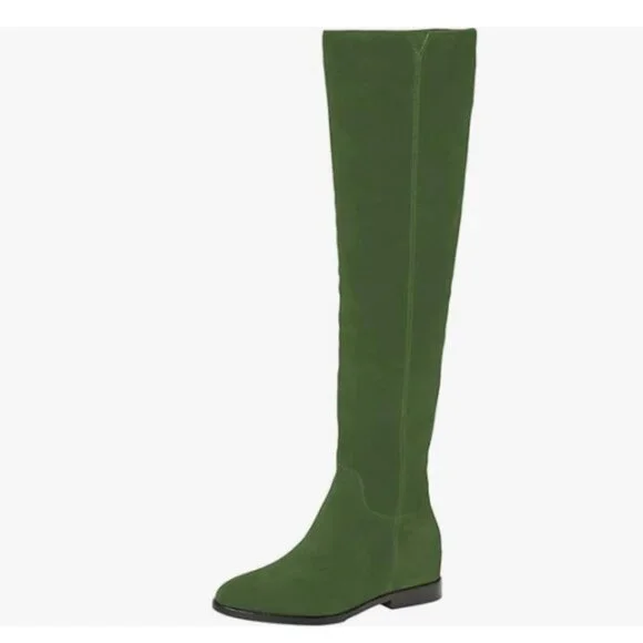 Green Women Almond Toe Knee High Boots with Partial Zipper Warm Long Boot