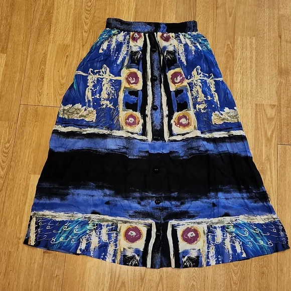 Vintage button front abstract pattern midi skirt sz 4