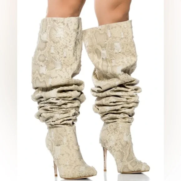 Azalea Wang Cream Ambivert Vegan Snakeskin Thigh High Boots