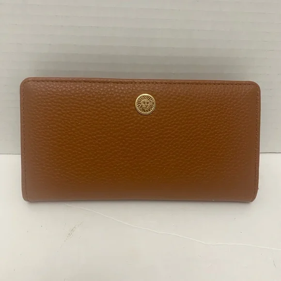 Anne Klein Tan Pebbled Leather Slim Bifold Wallet with Gold Emblem NWOT