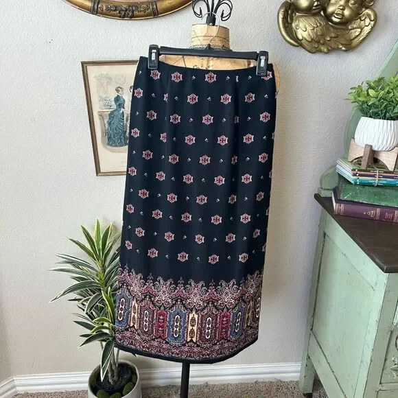 I.N. Studio 90s Y2k Midi Maxi Black Colorful Boho Moroccan Skirt sz Petite M