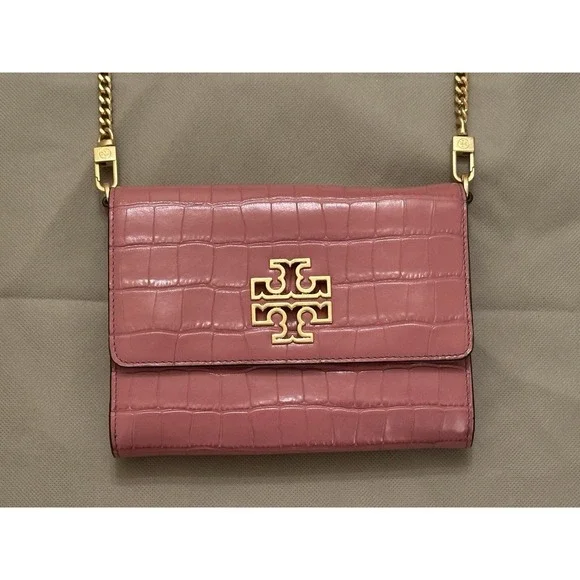 Tory Burch Britten Croc Chain Wallet In Cactus Flower Pink, New Without Tags