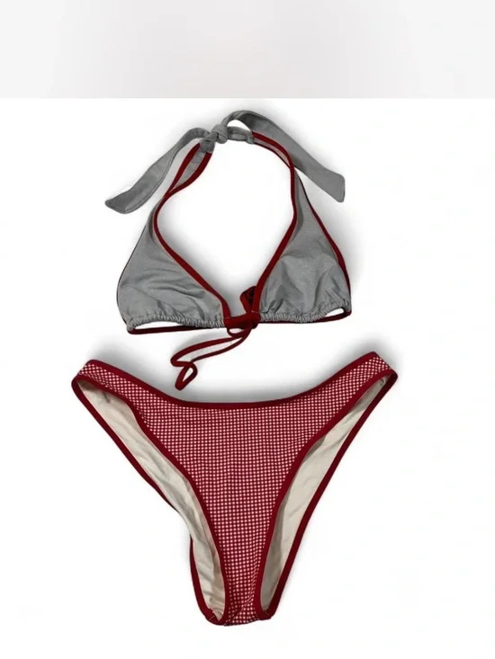 Frankie’s Bikinis Red Gingham Bikini Set Triangle Top Sz S Bottoms Sz M