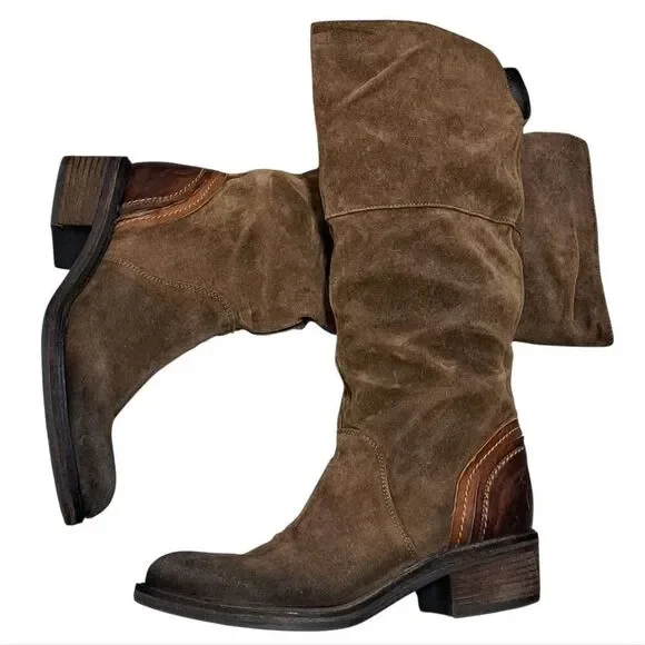 Vic Italian Leather Suede Western Cowgirl Moto Boho Women's Boots Size 37 Brown