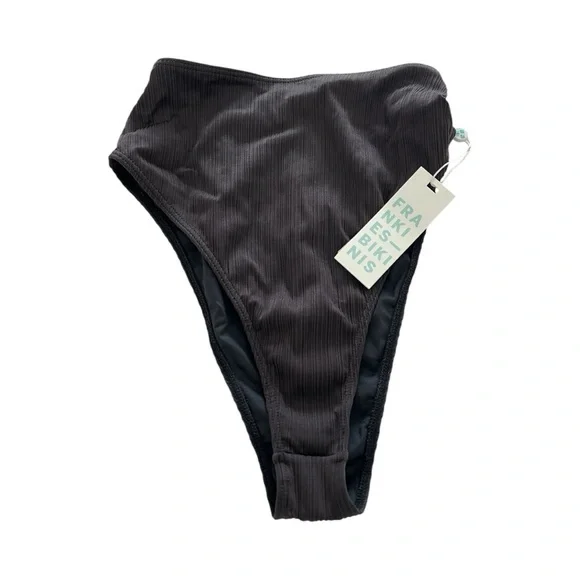 Frankie’s Bikinis Black High Waisted Ribbed Bikini Bottoms
