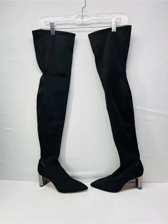 Zara Black Over-the-Knee Stretch Boots with Silver Block Heel