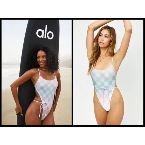 💕ALO x FRANKIES BIKINIS💕 Croft One Piece Swimsuit ~ Pastel Checker Large L NWT