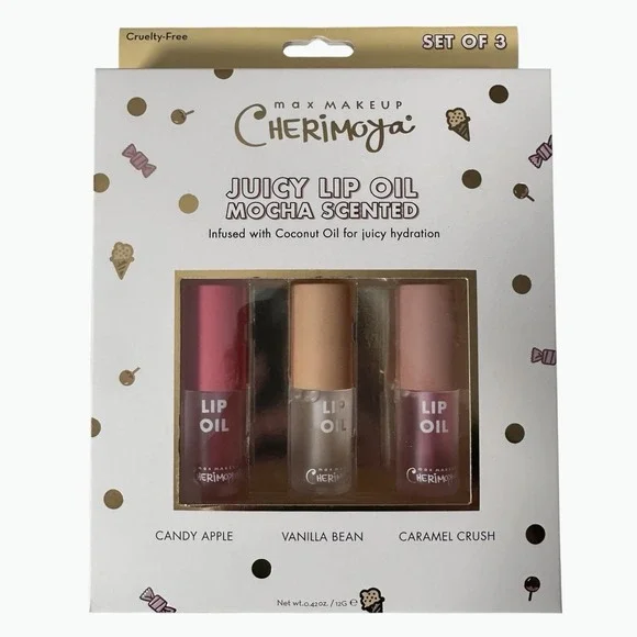 Max Makeup Cherimoya Set of 3 Lip Oil Candy Apple Vanilla, Caramel Scented New