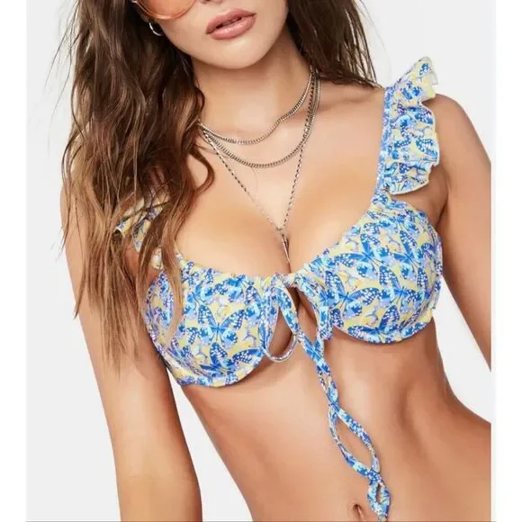 Frankie's Bikinis Birdie Ruffle Bikini Top | Monarch Butterfly Print in Small