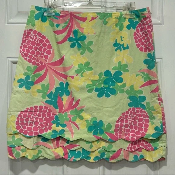 Vintage Lilly Pulitzer Pink Pineapple Print Cotton Scallop Hem Skirt, Size 8