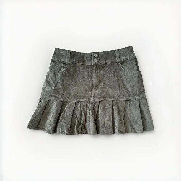 Hollister Corduroy Pleated Mini Skirt Womens S Army Green High Waist w Pockets