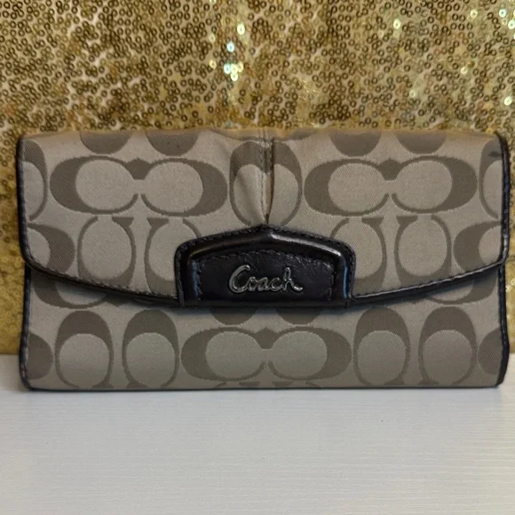 Coach Ashley signature Sateen Checkbook Wallet in khaki and brown