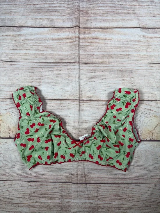 Frankie's Bikinis x PINK Mint Green Cherry Ruffle Bikini Top