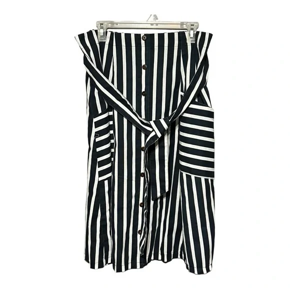 MetroWear Navy White Striped Linen Rayon Button Front Belted Midi Skirt XL