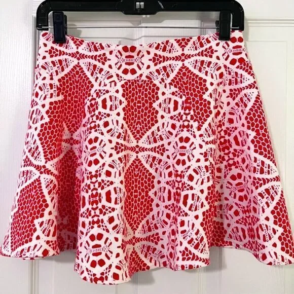 Parker Red and White Lace Design Full Back Zip Skater Skirt Size L