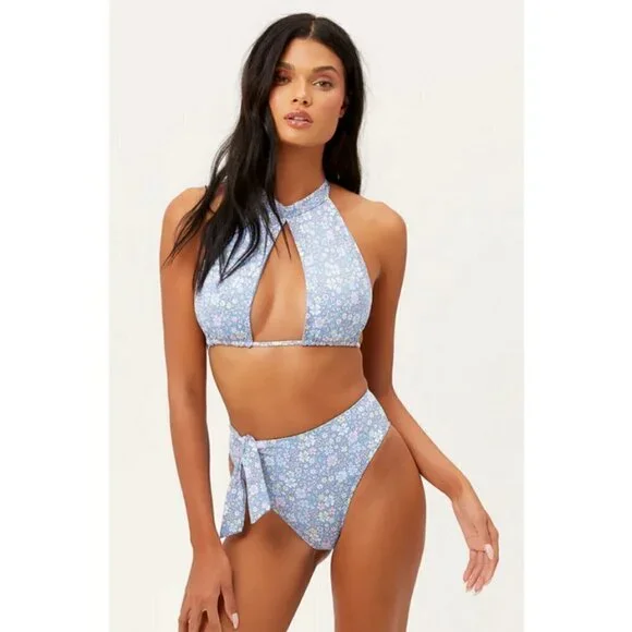 💕FRANKIES BIKINIS💕 Cupid High Neck Bikini Top Springtime Print ~ Large L NWOT