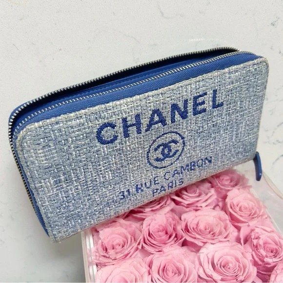 Authentic Chanel Light Blue Deauville Tweed Continental Wallet / Clutch