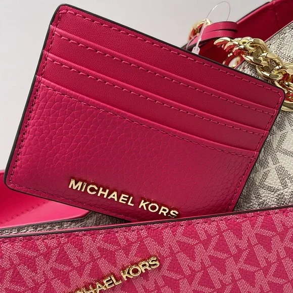 MICHAEL KORS Large Pebbled Leather Card Holder Case Electric Pink NWT
