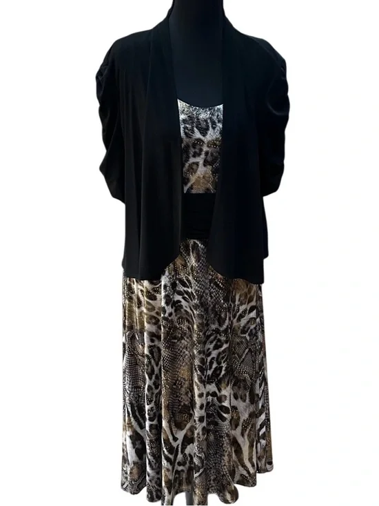 R&M Richards Animal Print Maxi Dress Open Black Jacket Vintage 90’s Size 14
