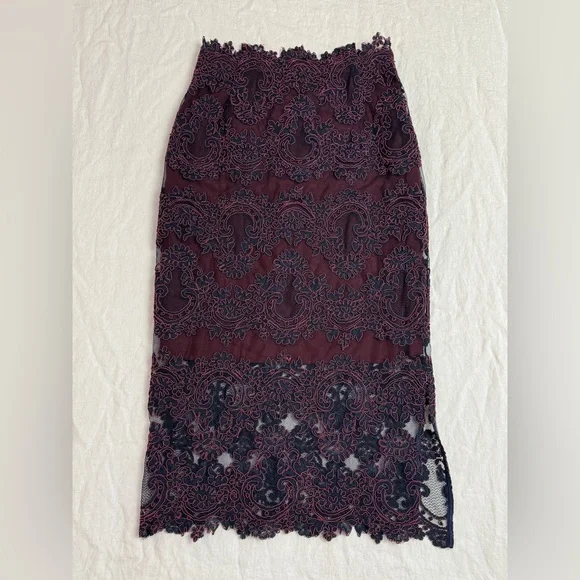 Sandro Paris Lace Overlay Burgundy & Blue Midi Pencil Skirt Size 2 Designer