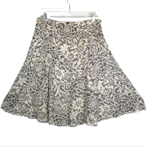 Sigrid Olsen Silk Midi Skirt Womens Size 6 A Line Floral Print Artsy Cream Gray
