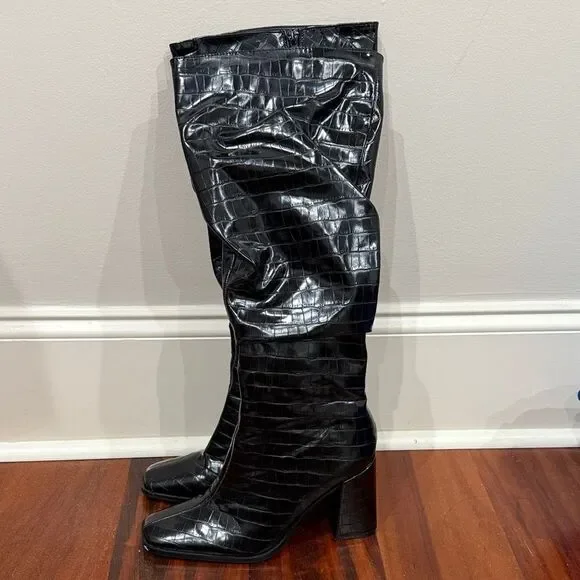 Pretty Little Thing Croc Embossed Long Ruched Boots Size 9