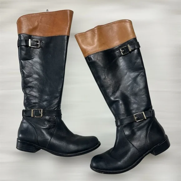 Gianni Bini Black and Tan knee high rounded leather boots size 7