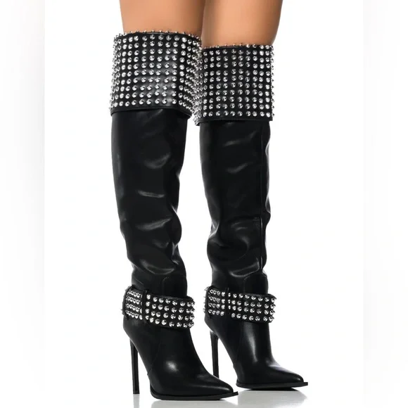 AZALEA WANG Black Vegan Leather & Silver Studded Over the Knee Boots