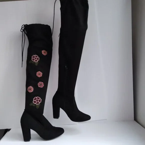 Chinese Laundry 'Briella' Black ThighHigh Suede Boots Floral Embroidery NWOB Sz6