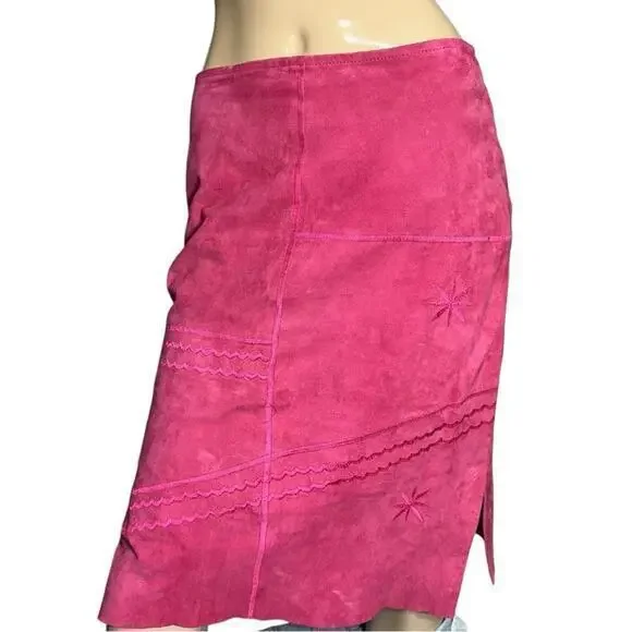 Stella Forest Size 40 8 M Pink Goat Skin Suede Embroidered Pencil Straight Skirt