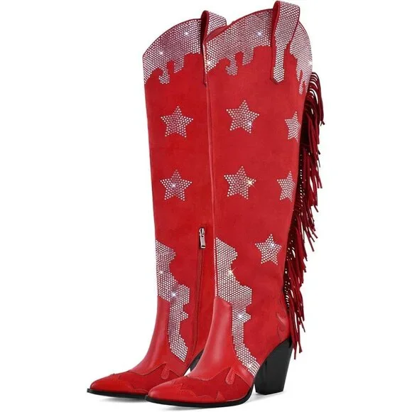 Women Faux Suede Red Rhinestone Embellished Pointed Toe Knee High Western Boots