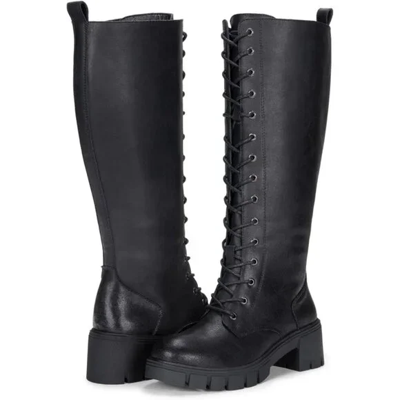 Women's Leather-black 953 Chunky Platform Heel Lace Knee High Combat Boots