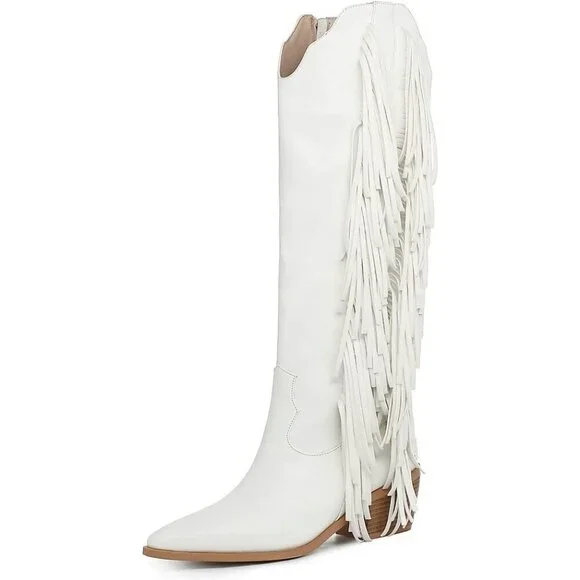 Women White Synthetic Fringe Tassels Pointed Toe Knee High Western Cowgirl Boots